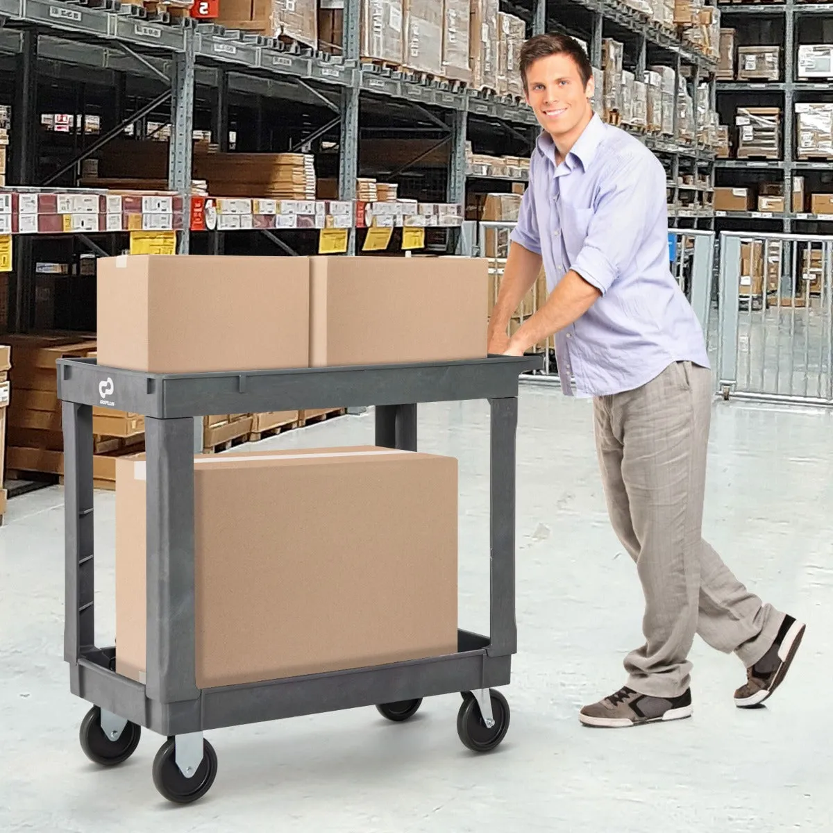 2-Tier Heavy-Duty PP Service Cart with 250 KG Max Load-Grey