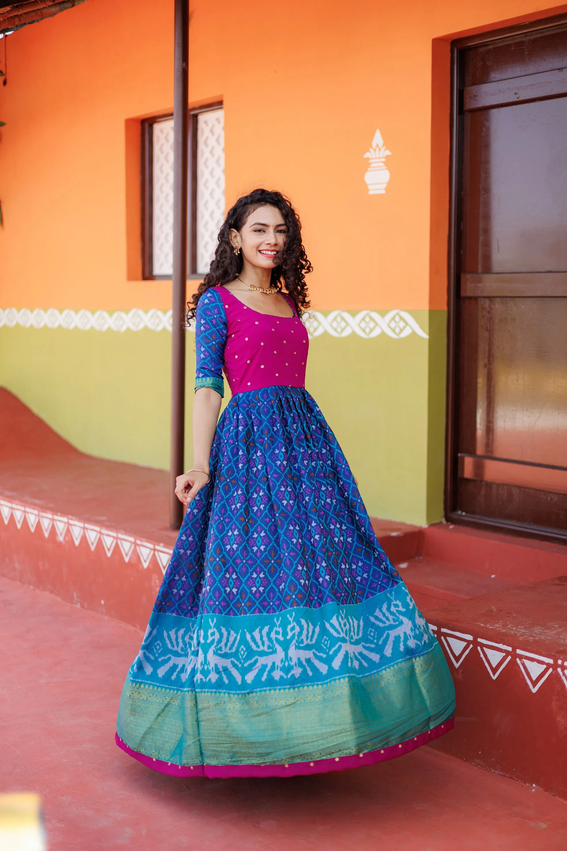 Bhumika Blue Pochampalli Dress with Magenta Yoke
