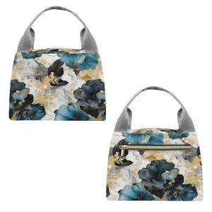 Blue & Gold Ink Floral  Portable Lunch Bag-Grey Handle