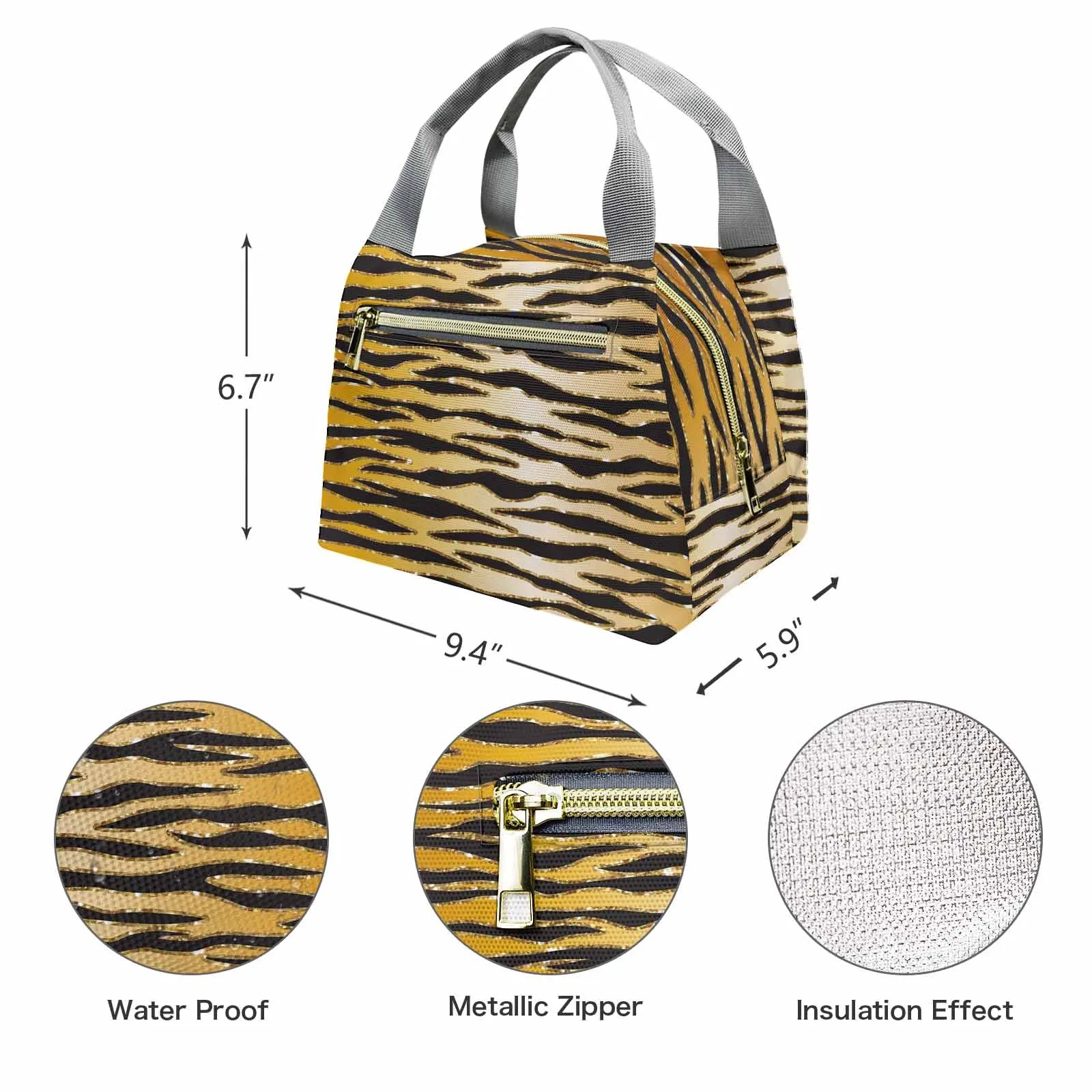 Glitter Gold Animal Print  Portable Lunch Bag-Grey Handle