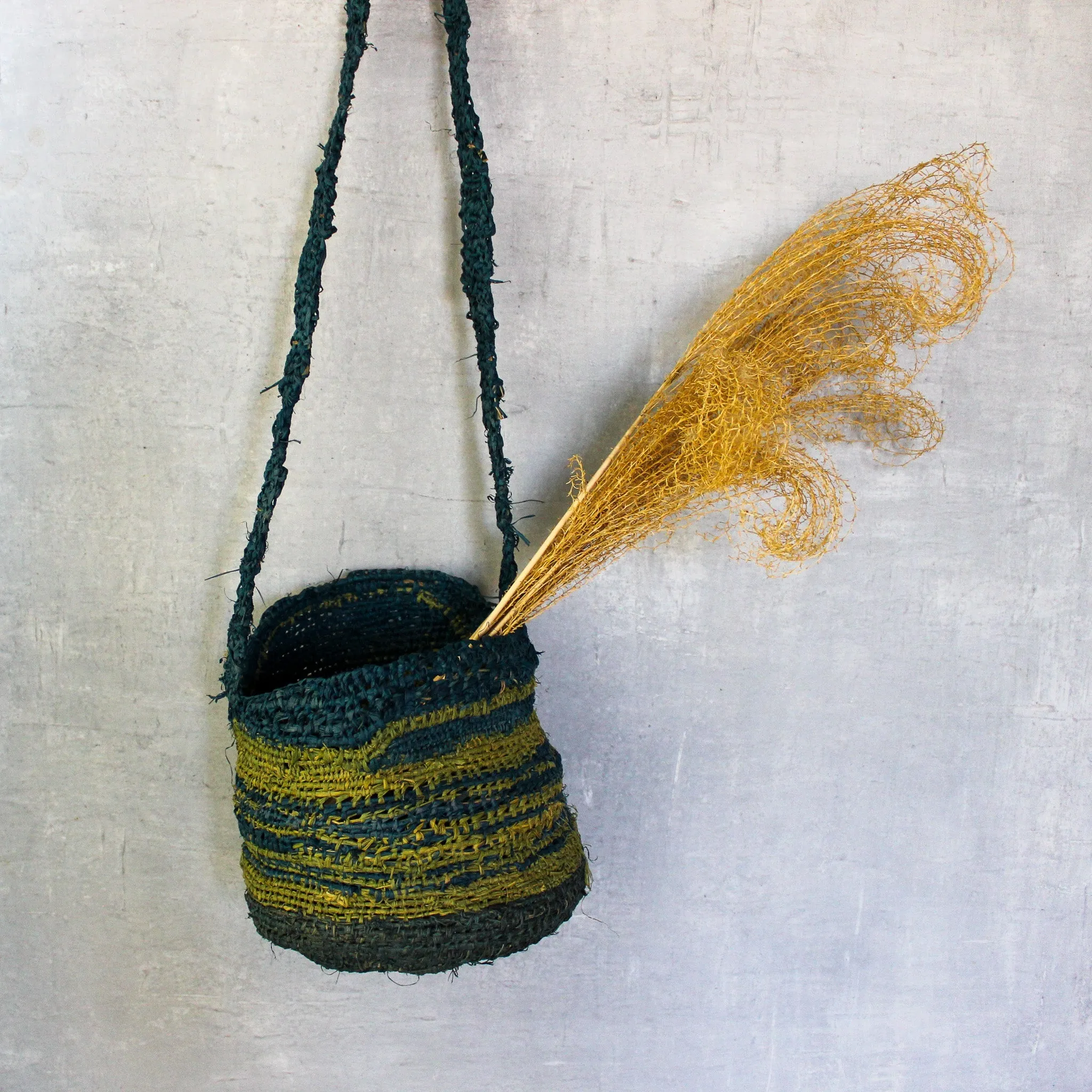 Handwoven Raffia Hanging Basket Green Blue