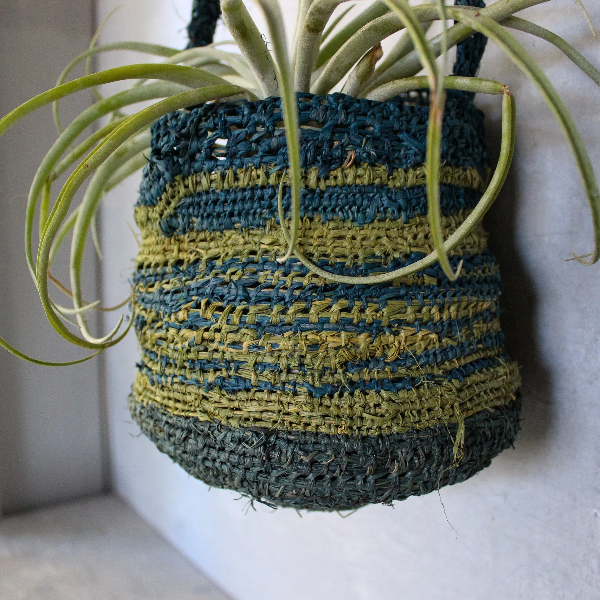 Handwoven Raffia Hanging Basket Green Blue