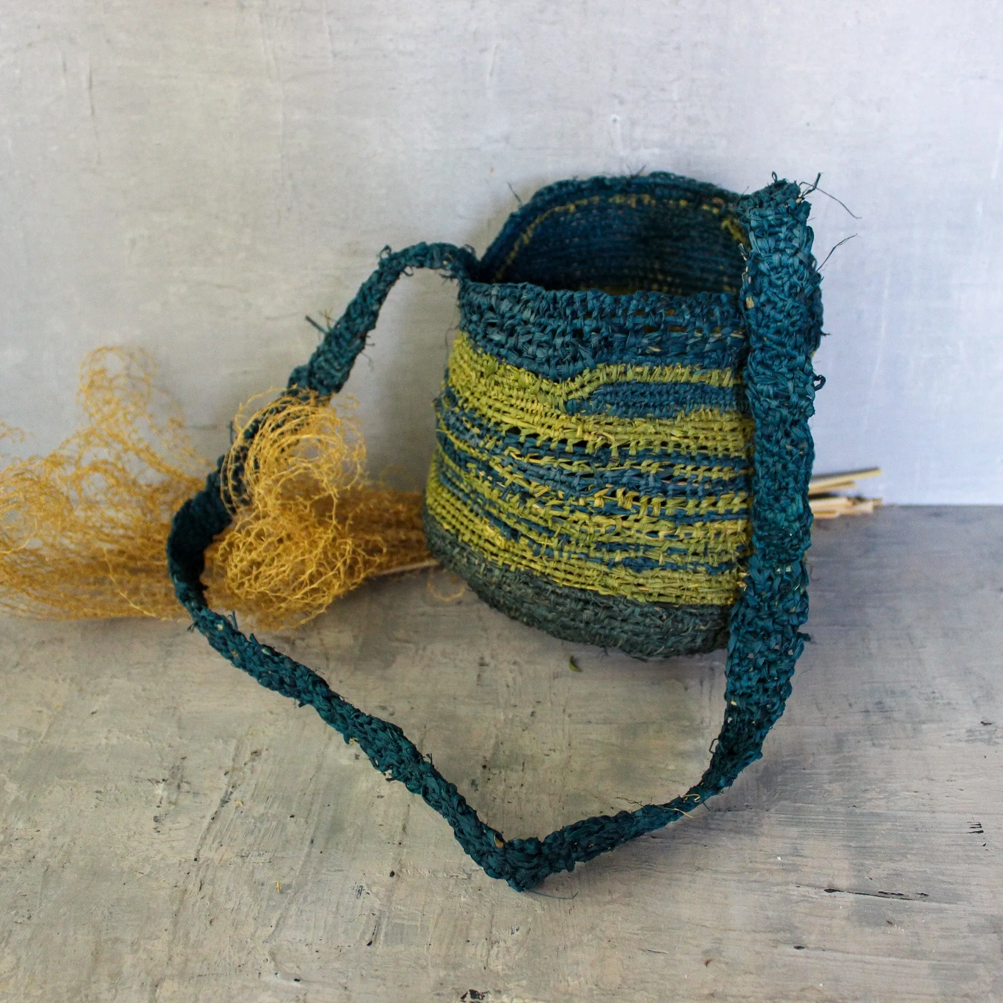 Handwoven Raffia Hanging Basket Green Blue