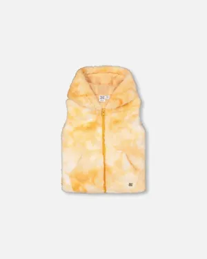 Hooded Faux Fur Vest Yellow Tie Dye