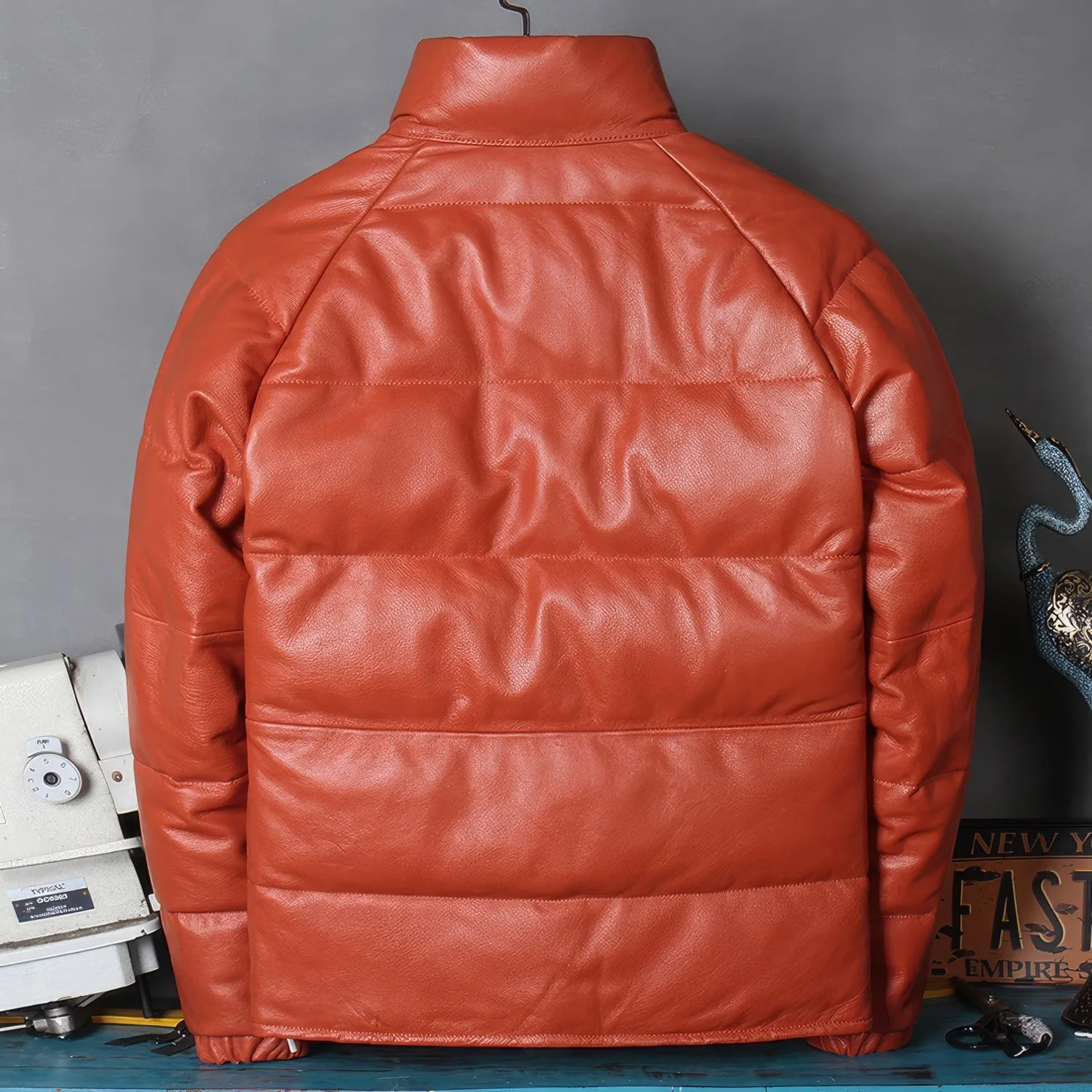 Men’s Rust Genuine Sheepskin High Neck Padded Thick Winter Warm Casual Baggy Sporty Puffer Leather Jacket