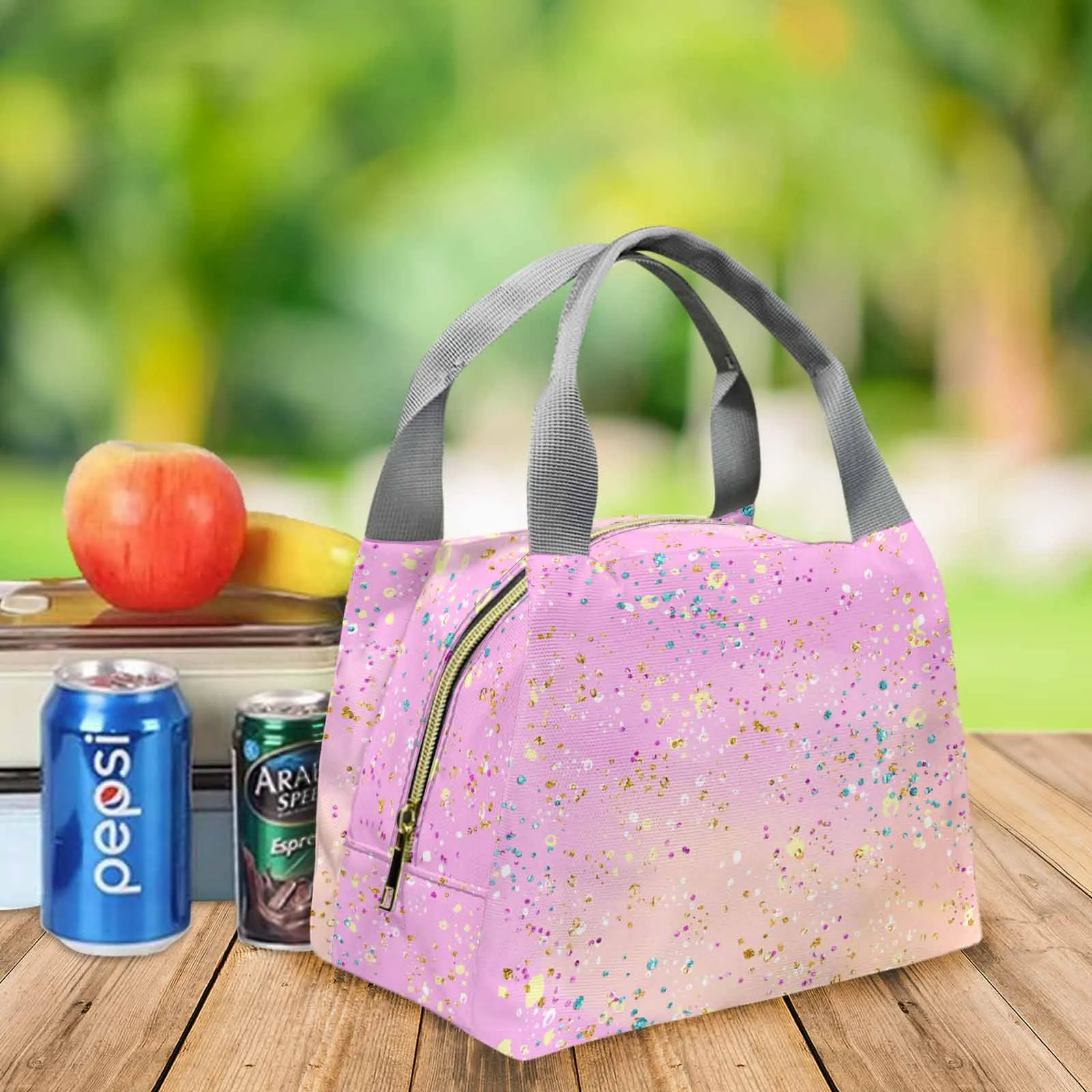 Pink Splash  Portable Lunch Bag-Grey Handle