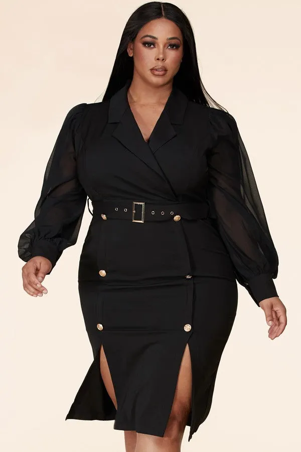 Plus-Size Long Sleeve Black Lace Blazer Dress