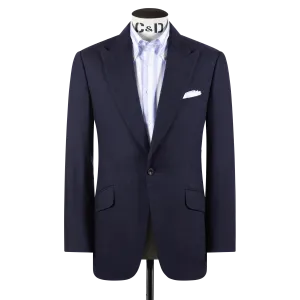 Single Breasted Peak Lapel Suit in Navy Wool, Silk and Linen