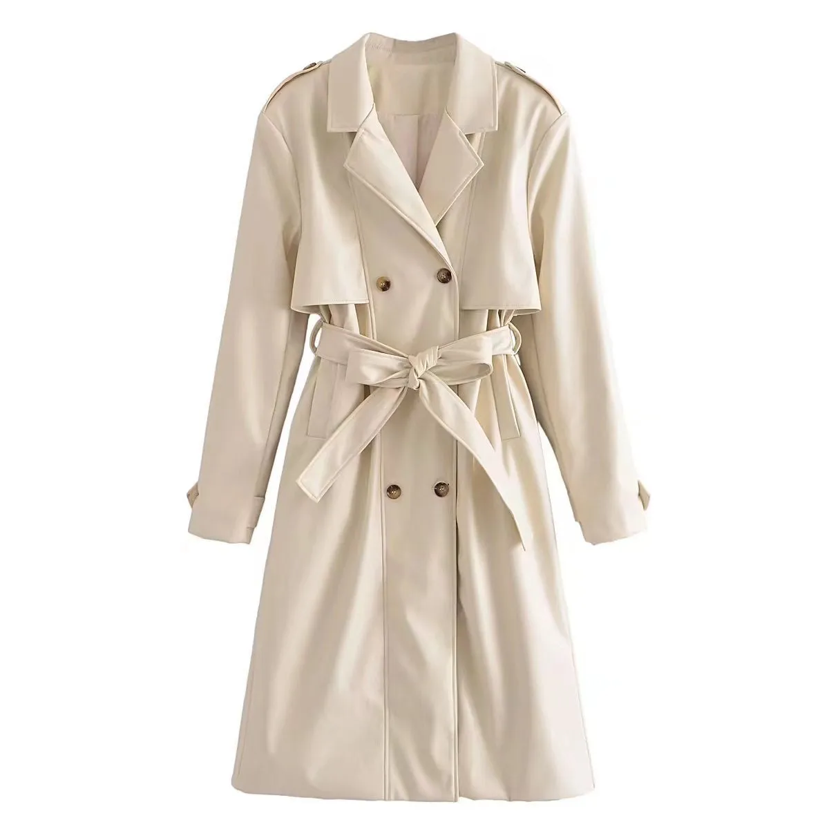 Summer Women Clothing Elegant Slightly Mature Faux Leather Belt Windbreaker Coat