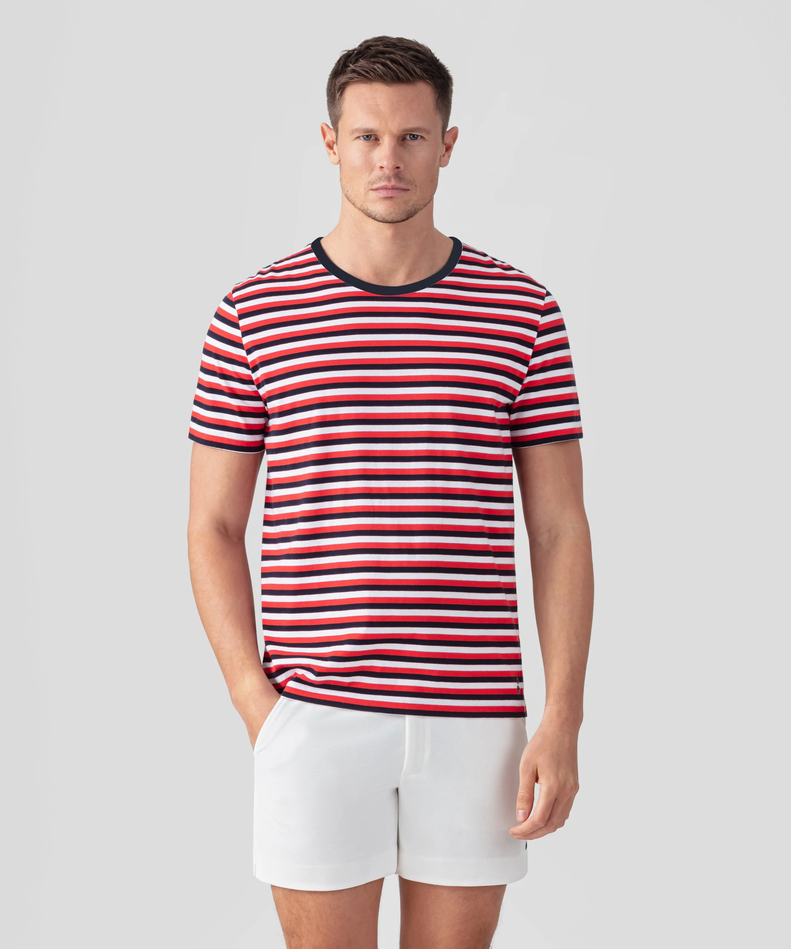 T-Shirt Eyelet Edition w. Tricolor Stripes: Summer Red/Navy/White