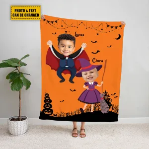 Teesdily | Kid Nursery Halloween Blanket With Face Cute Halloween Sherpa Fleece Blanket Customized Picture Halloween Gift Nursery Decoration