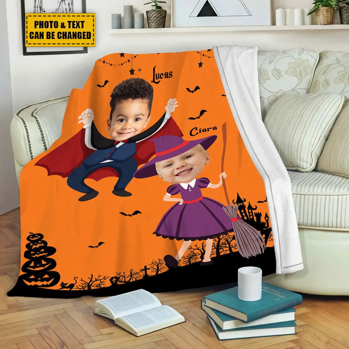 Teesdily | Kid Nursery Halloween Blanket With Face Cute Halloween Sherpa Fleece Blanket Customized Picture Halloween Gift Nursery Decoration