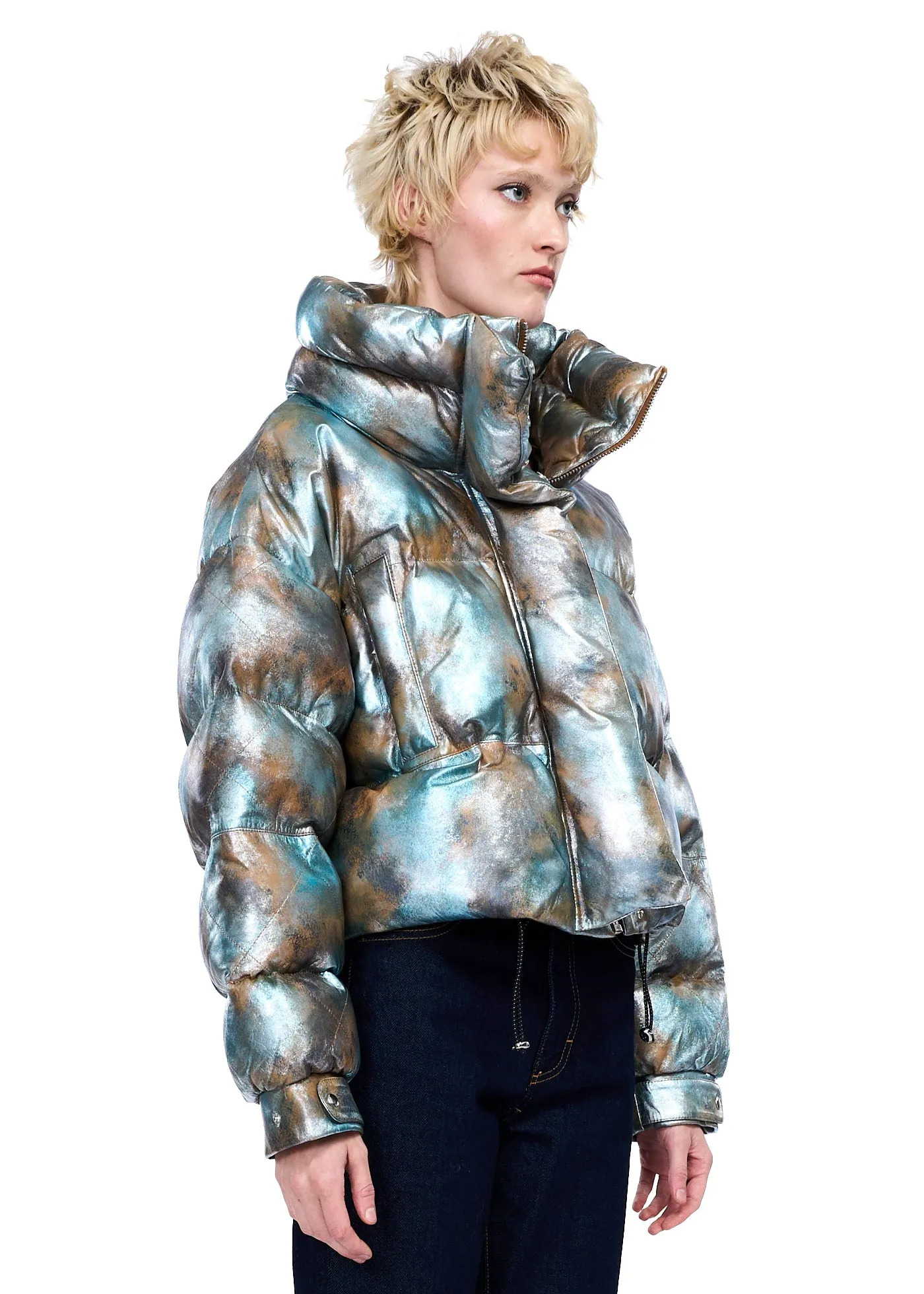 VIAVIA Genuine Leather Puffer Coat in Light House