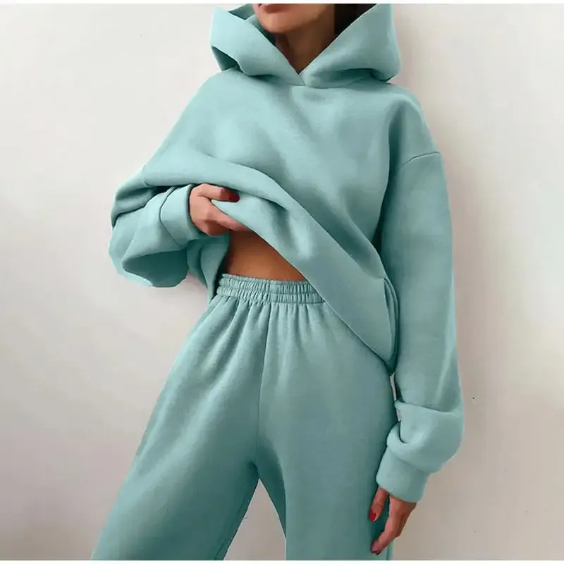 Women's Tracksuit Fashion Trendy Basics Casual Solid Long Sleeve Hooded Sweatsuit Warm Fleece