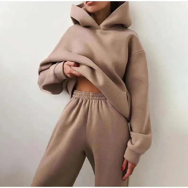 Women's Tracksuit Fashion Trendy Basics Casual Solid Long Sleeve Hooded Sweatsuit Warm Fleece