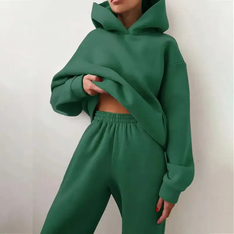 Women's Tracksuit Fashion Trendy Basics Casual Solid Long Sleeve Hooded Sweatsuit Warm Fleece