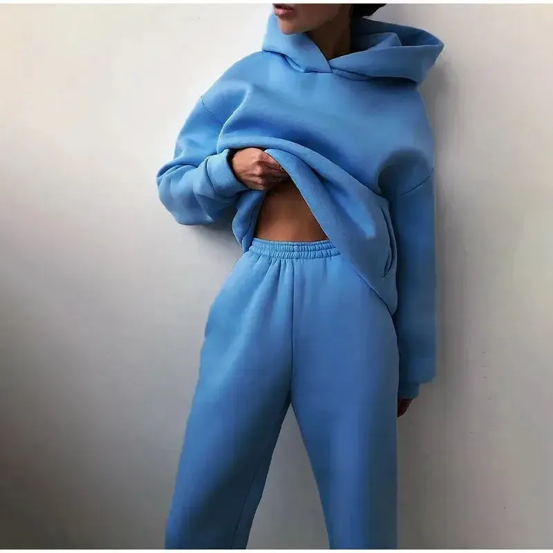 Women's Tracksuit Fashion Trendy Basics Casual Solid Long Sleeve Hooded Sweatsuit Warm Fleece