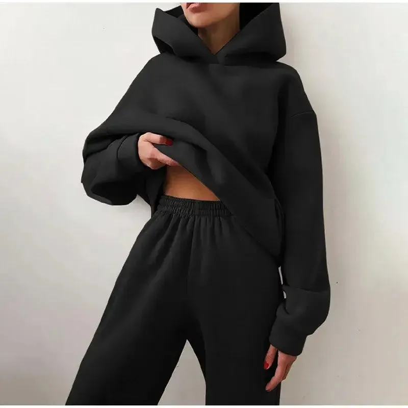 Women's Tracksuit Fashion Trendy Basics Casual Solid Long Sleeve Hooded Sweatsuit Warm Fleece