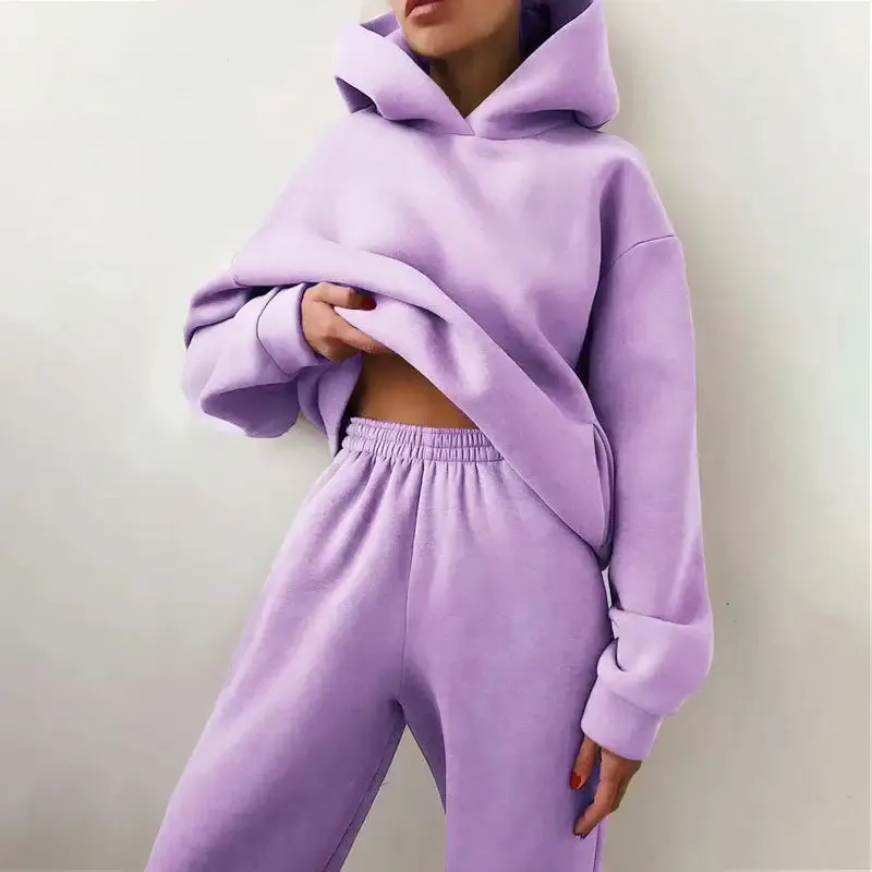 Women's Tracksuit Fashion Trendy Basics Casual Solid Long Sleeve Hooded Sweatsuit Warm Fleece