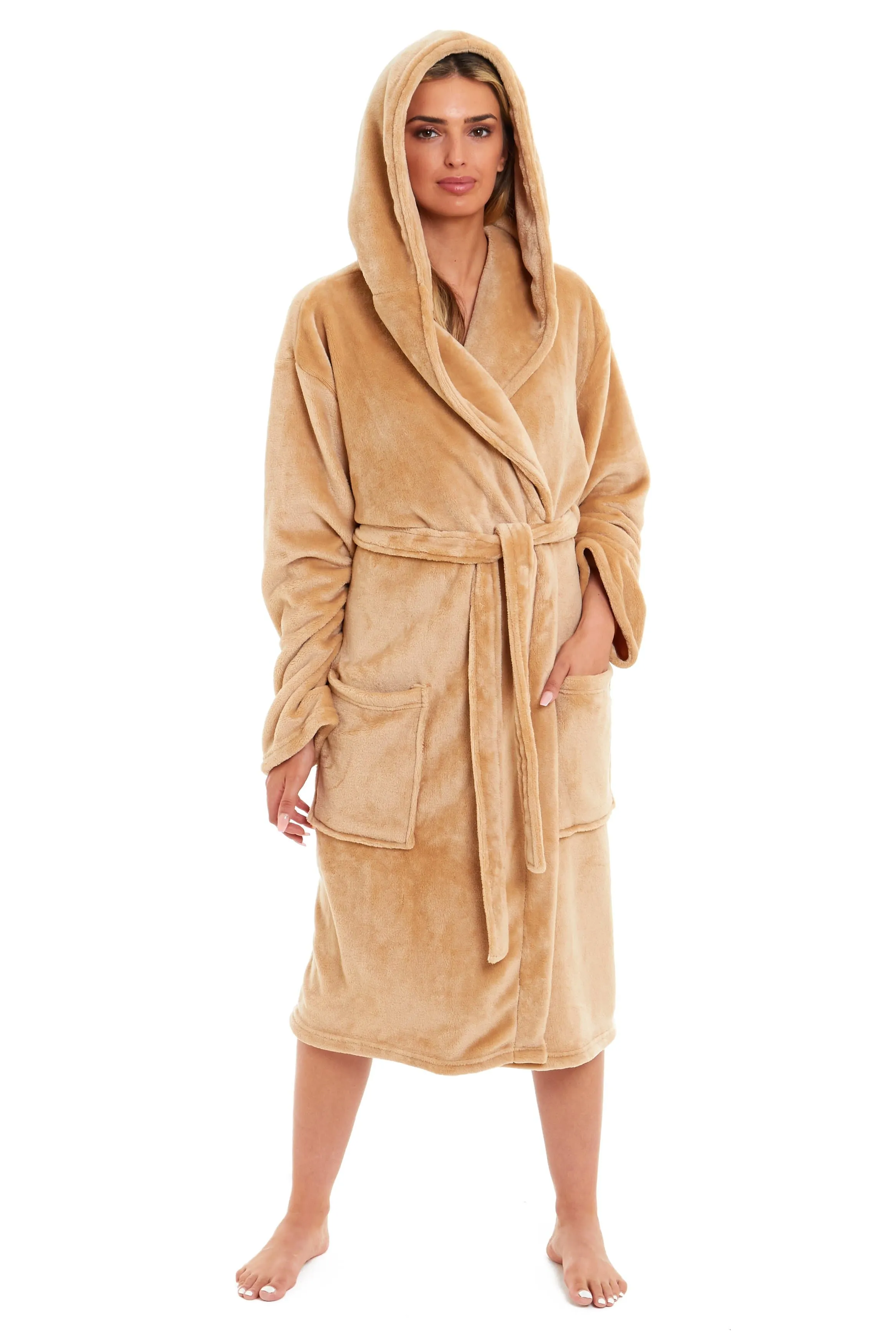 Women's Ultra-Soft Hooded Plush Fleece Dressing Gown Warm Velvet Bathrobe for Lounging and Relaxing in Winter by Daisy Dreamer