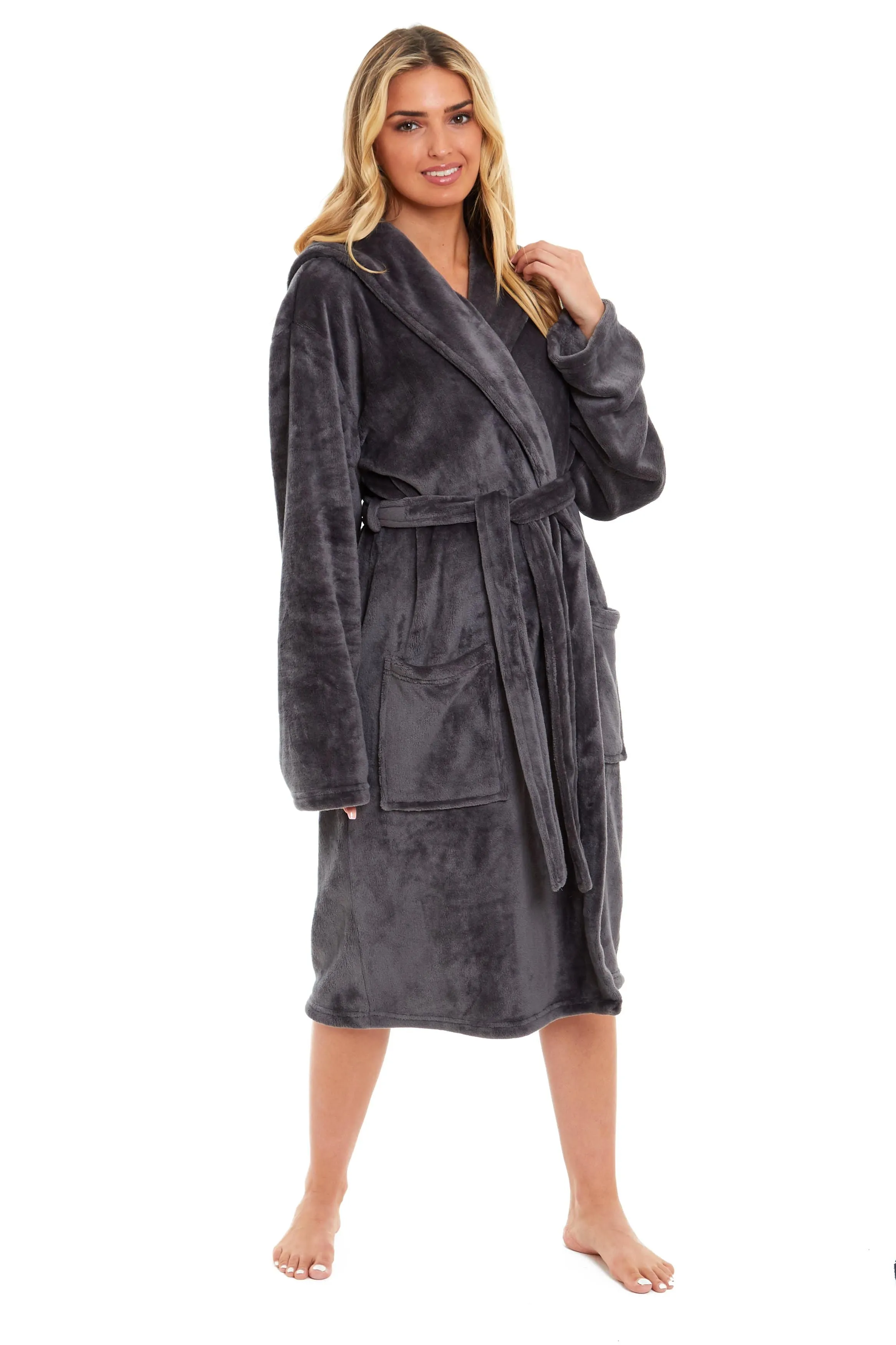 Women's Ultra-Soft Hooded Plush Fleece Dressing Gown Warm Velvet Bathrobe for Lounging and Relaxing in Winter by Daisy Dreamer