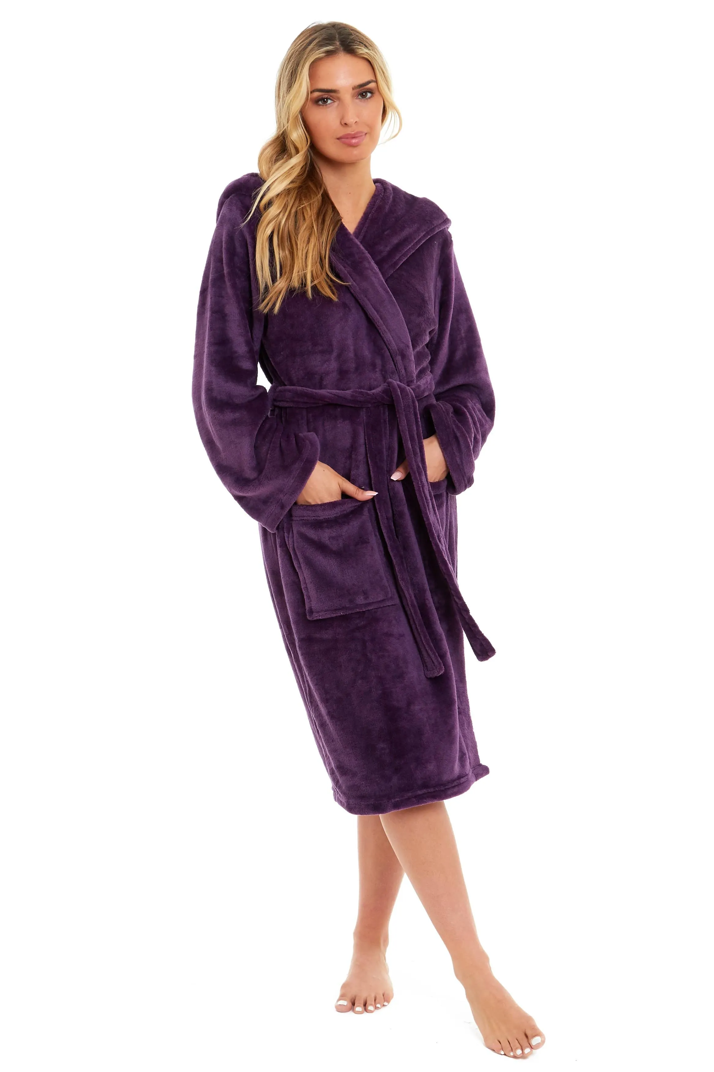 Women's Ultra-Soft Hooded Plush Fleece Dressing Gown Warm Velvet Bathrobe for Lounging and Relaxing in Winter by Daisy Dreamer