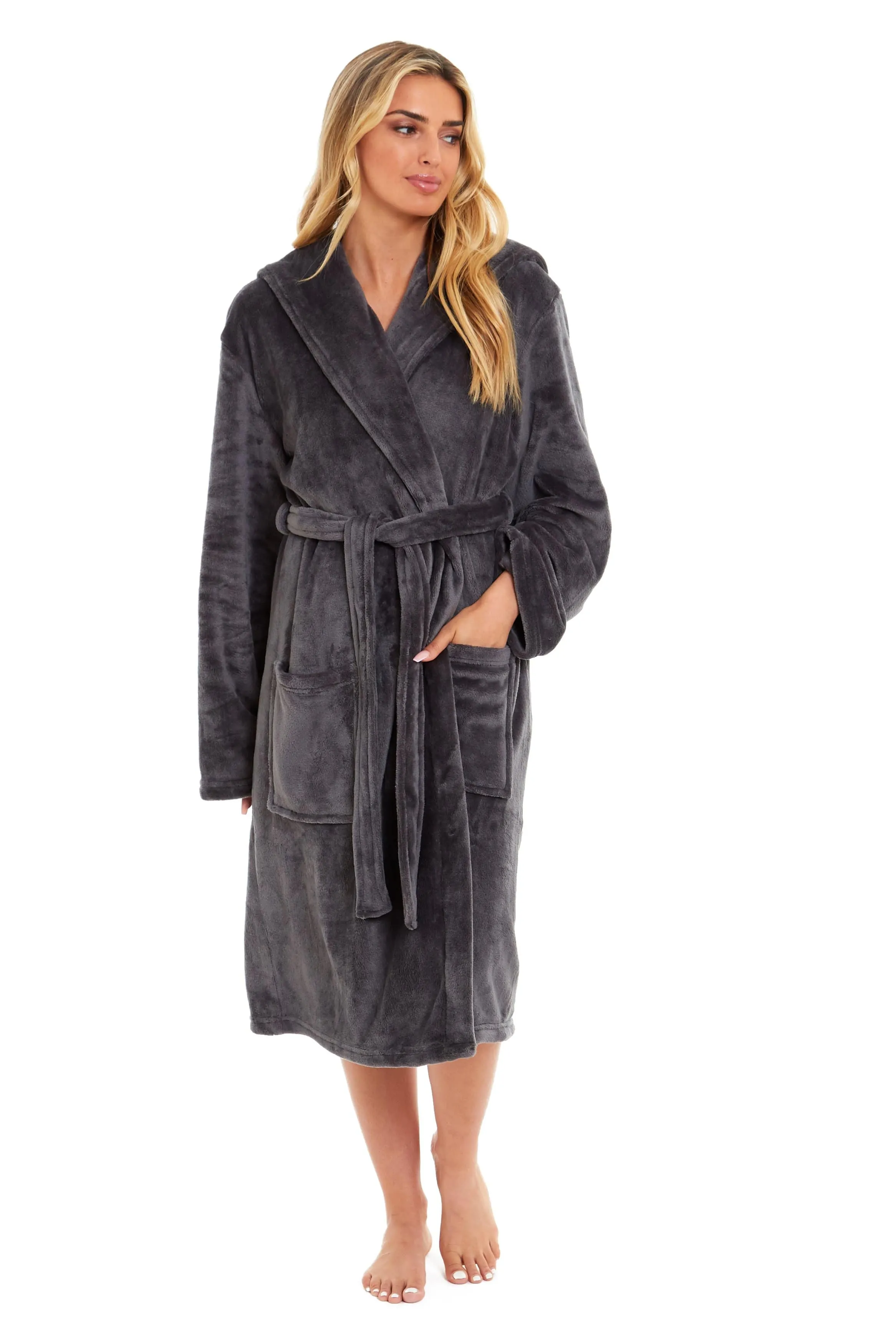 Women's Ultra-Soft Hooded Plush Fleece Dressing Gown Warm Velvet Bathrobe for Lounging and Relaxing in Winter by Daisy Dreamer